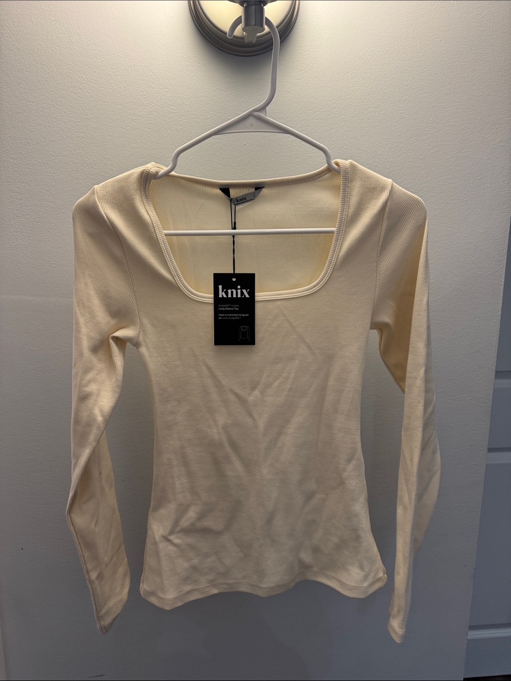 knix Cream Long Sleeve Square Neck Ribbed Top- SculptRib Cotton